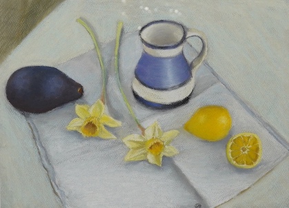 Sue Arnold (Contemporary), two pastels on paper, ‘Pots, blue and green with lemons’ and ‘Spring morning’, each signed with monogram, one with label verso, largest 29 x 34cm. Condition - good